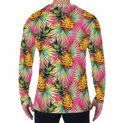 Pink Watercolor Pineapple Pattern Print Men's Long Sleeve T-Shirt