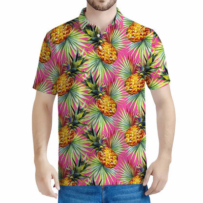 Pink Watercolor Pineapple Pattern Print Men's Polo Shirt