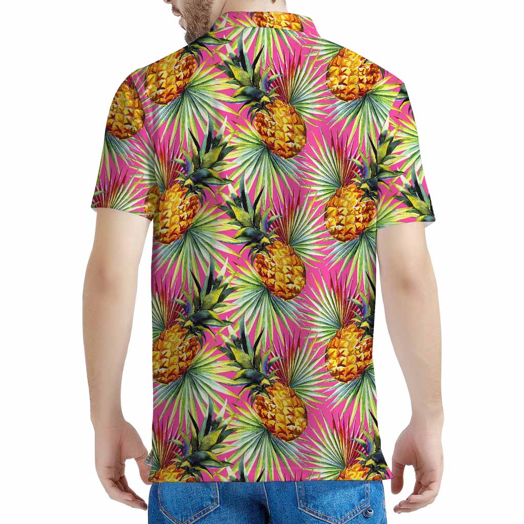 Pink Watercolor Pineapple Pattern Print Men's Polo Shirt