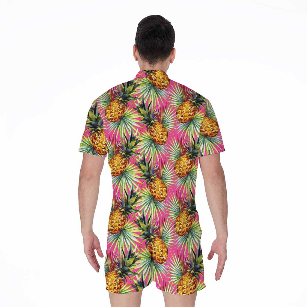 Pink Watercolor Pineapple Pattern Print Men's Rompers
