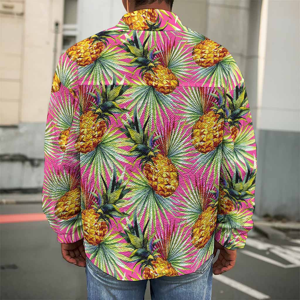 Pink Watercolor Pineapple Pattern Print Men's Shirt Jacket
