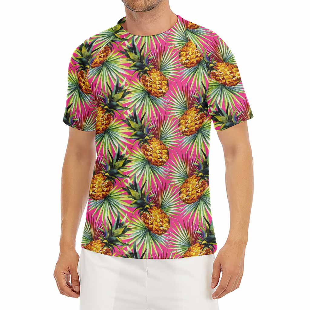 Pink Watercolor Pineapple Pattern Print Men's Short Sleeve Rash Guard