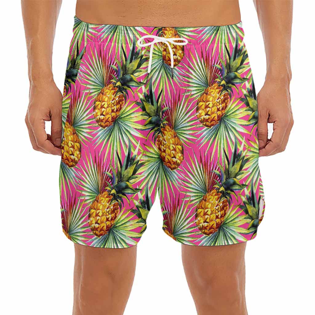 Pink Watercolor Pineapple Pattern Print Men's Split Running Shorts