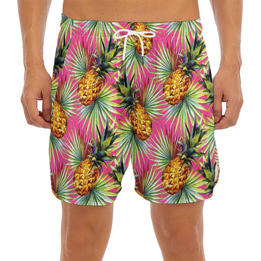 Pink Watercolor Pineapple Pattern Print Men's Split Running Shorts
