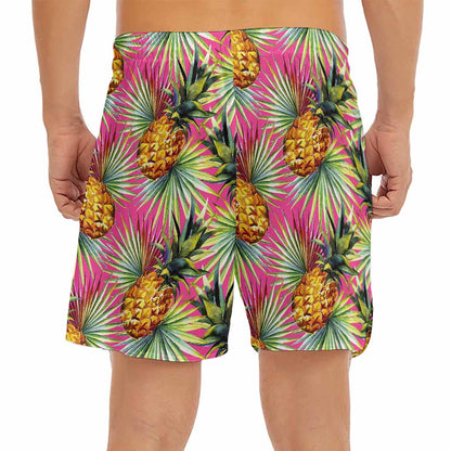 Pink Watercolor Pineapple Pattern Print Men's Split Running Shorts