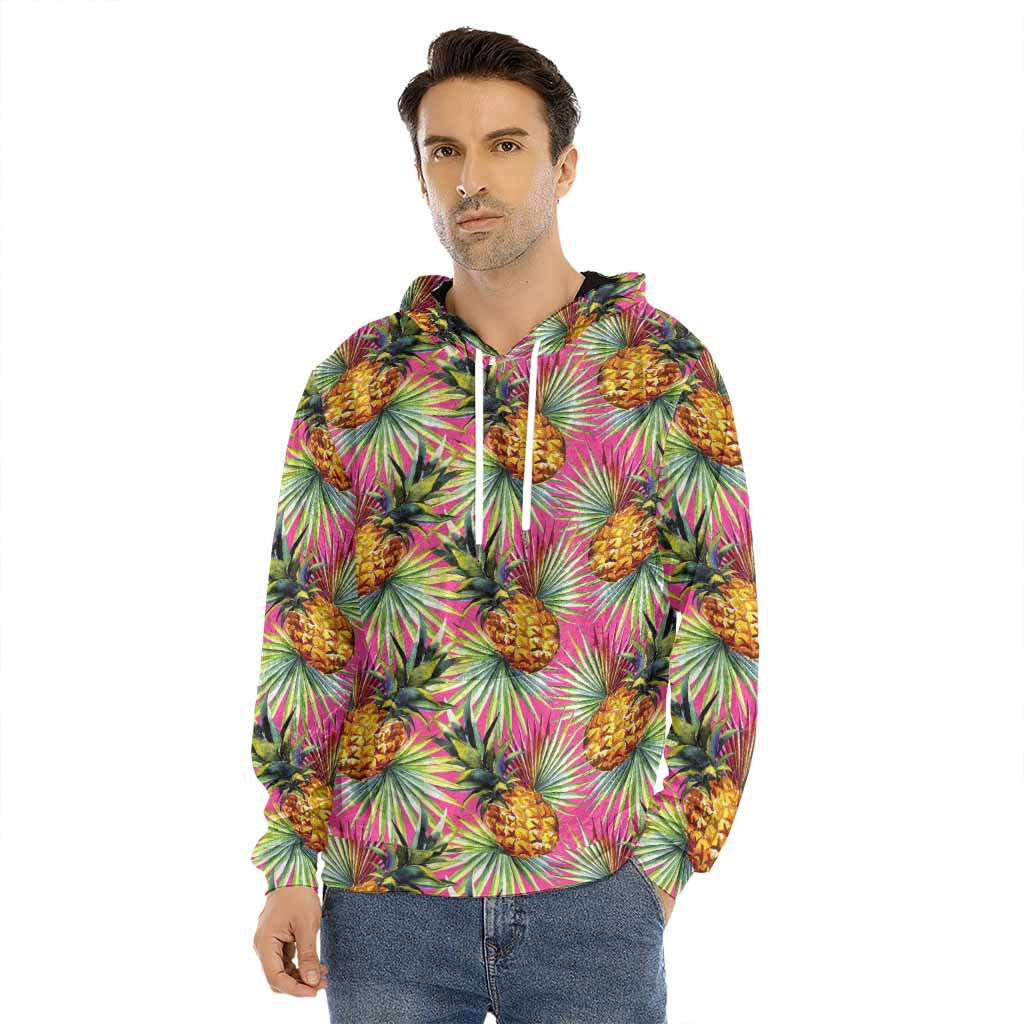 Pink Watercolor Pineapple Pattern Print Men's Velvet Pullover Hoodie