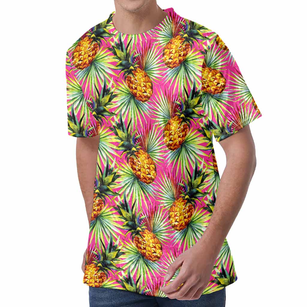 Pink Watercolor Pineapple Pattern Print Men's Velvet T-Shirt