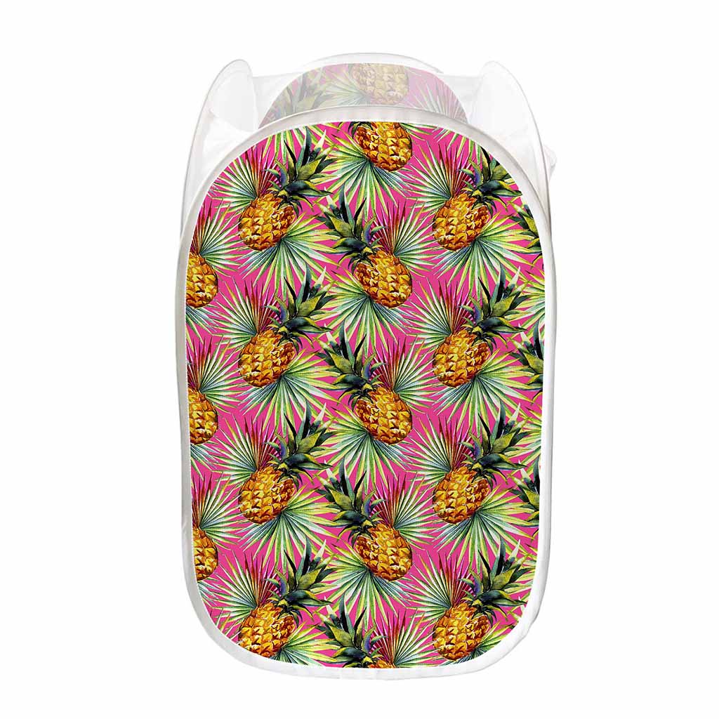 Pink Watercolor Pineapple Pattern Print Mesh Laundry Hamper