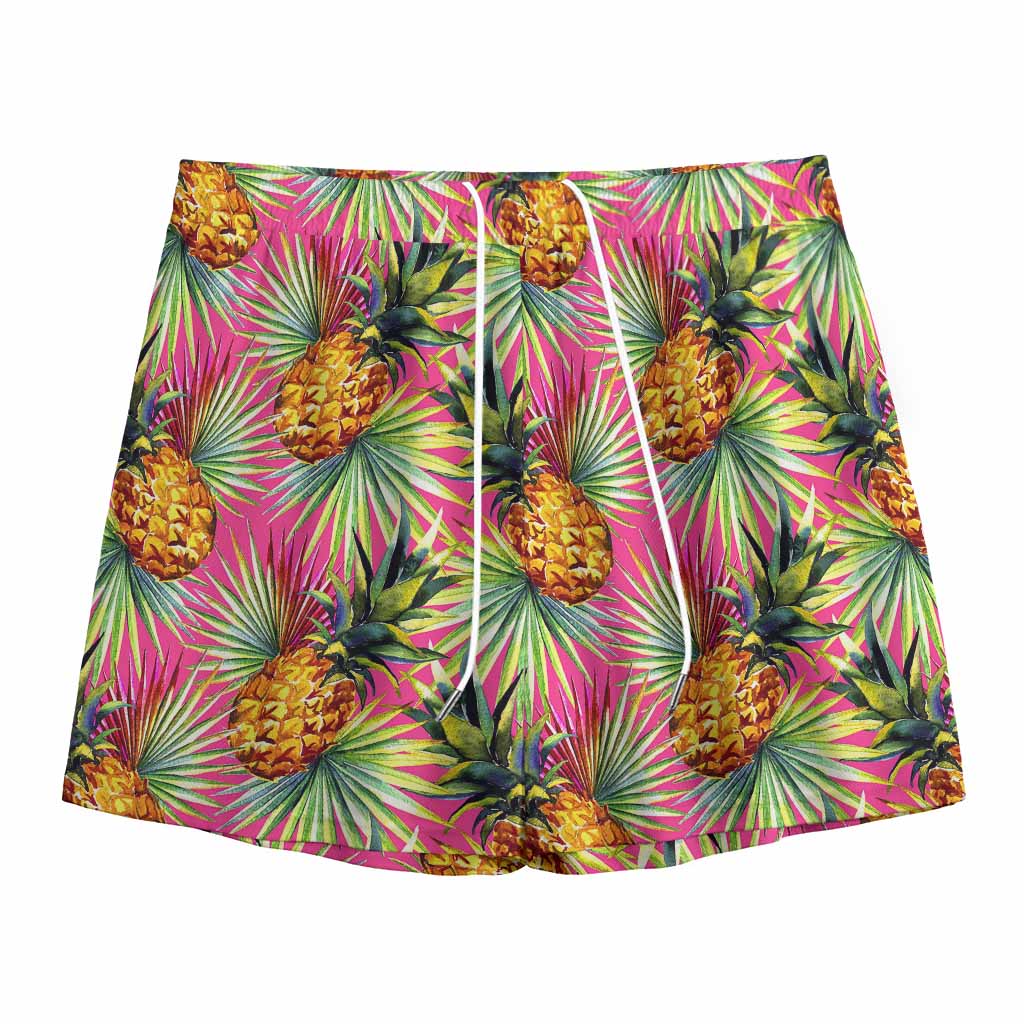 Pink Watercolor Pineapple Pattern Print Mesh Shorts