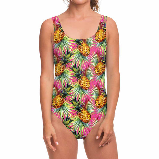 Pink Watercolor Pineapple Pattern Print One Piece Swimsuit