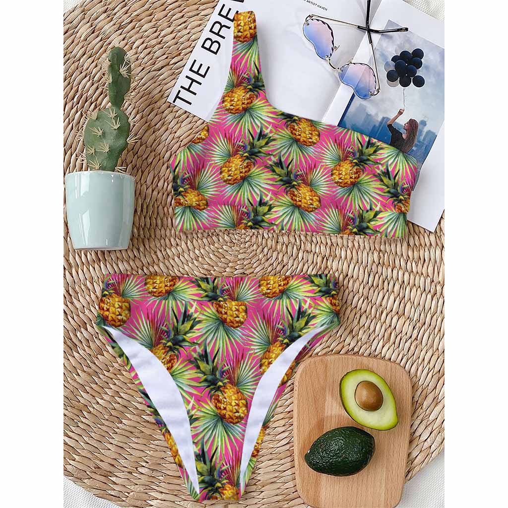 Pink Watercolor Pineapple Pattern Print One Shoulder Bikini Top