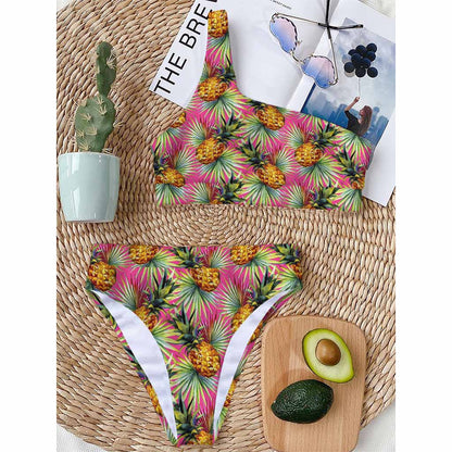 Pink Watercolor Pineapple Pattern Print One Shoulder Bikini Top