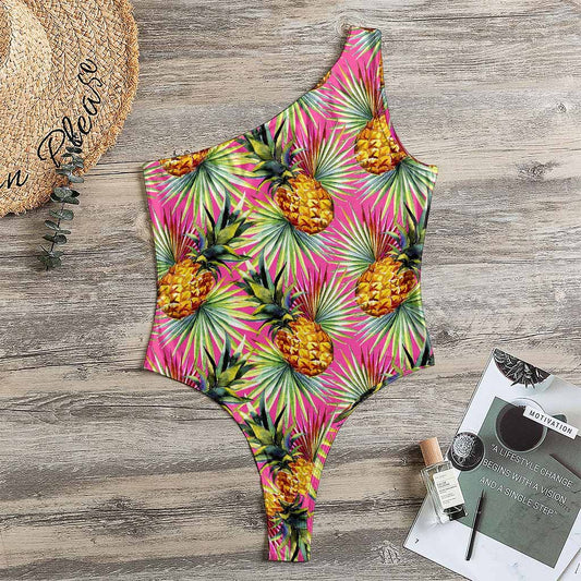 Pink Watercolor Pineapple Pattern Print One Shoulder Bodysuit
