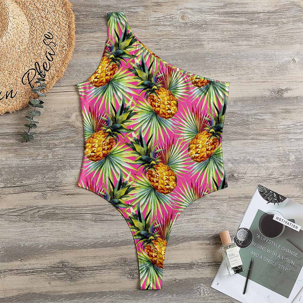 Pink Watercolor Pineapple Pattern Print One Shoulder Bodysuit
