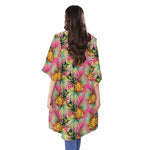 Pink Watercolor Pineapple Pattern Print Open Front Beach Cover Up
