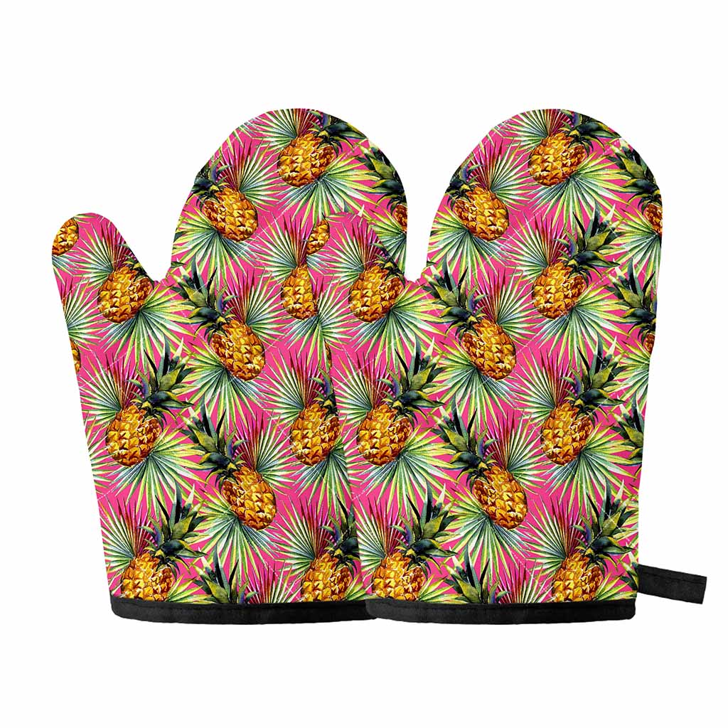 Pink Watercolor Pineapple Pattern Print Oven Mitts