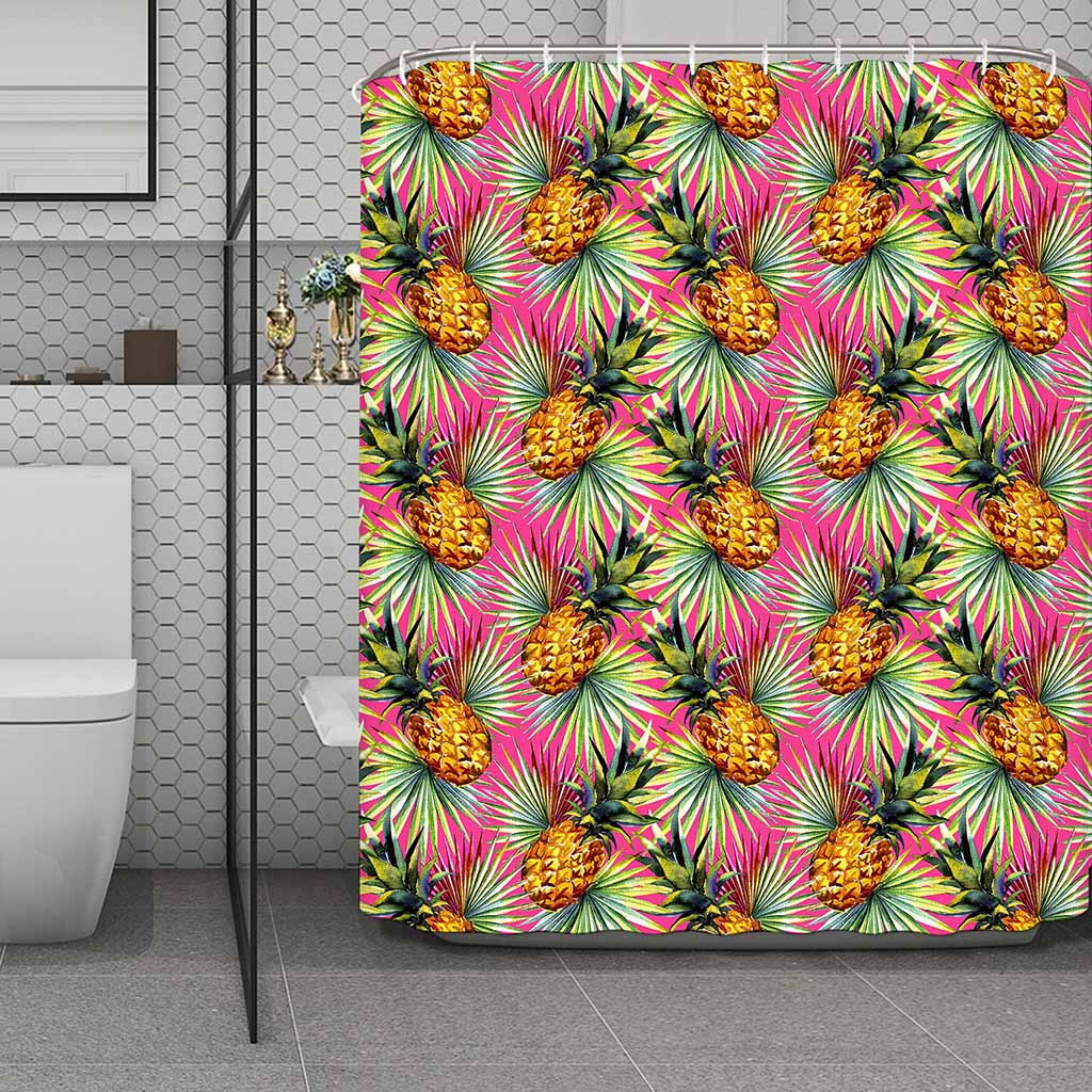 Pink Watercolor Pineapple Pattern Print Polyester Shower Curtain