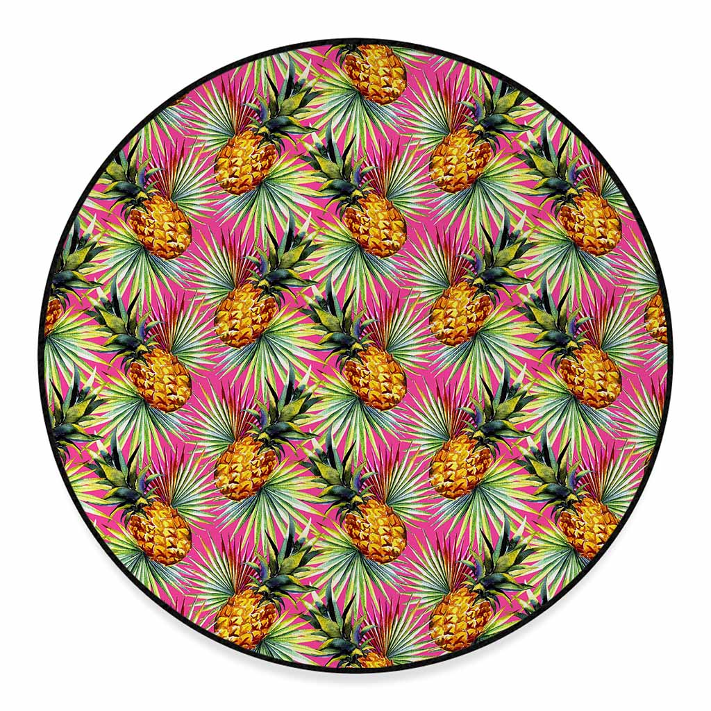 Pink Watercolor Pineapple Pattern Print Round Floor Mat