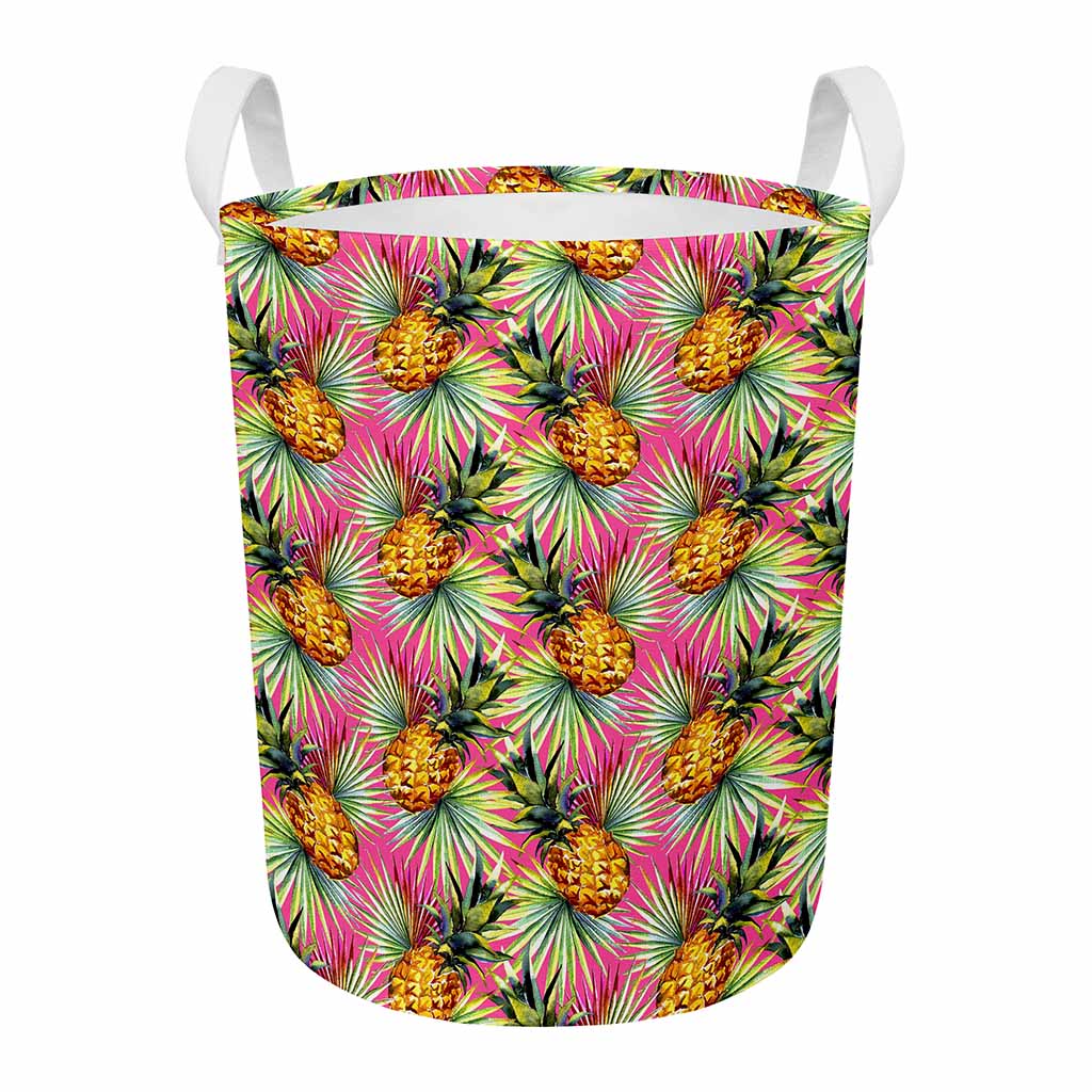 Pink Watercolor Pineapple Pattern Print Round Laundry Basket
