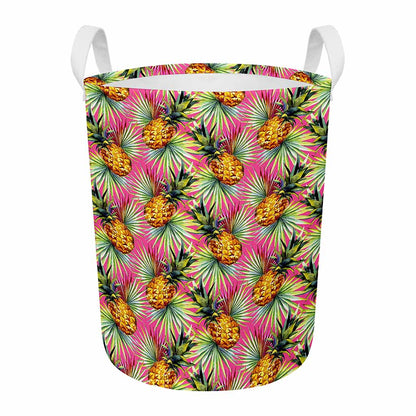 Pink Watercolor Pineapple Pattern Print Round Laundry Basket