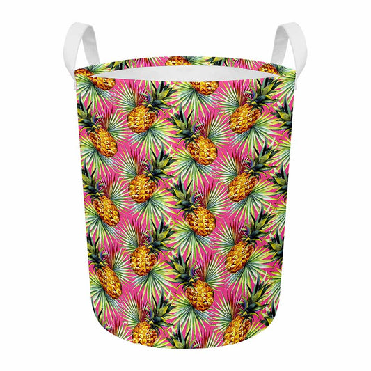 Pink Watercolor Pineapple Pattern Print Round Laundry Basket