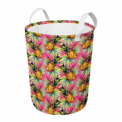 Pink Watercolor Pineapple Pattern Print Round Laundry Basket