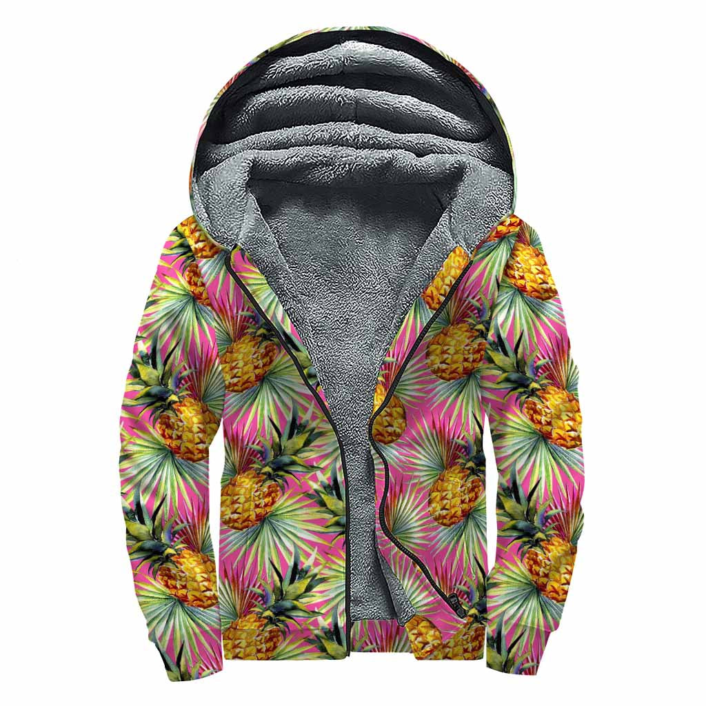 Pink Watercolor Pineapple Pattern Print Sherpa Lined Zip Up Hoodie