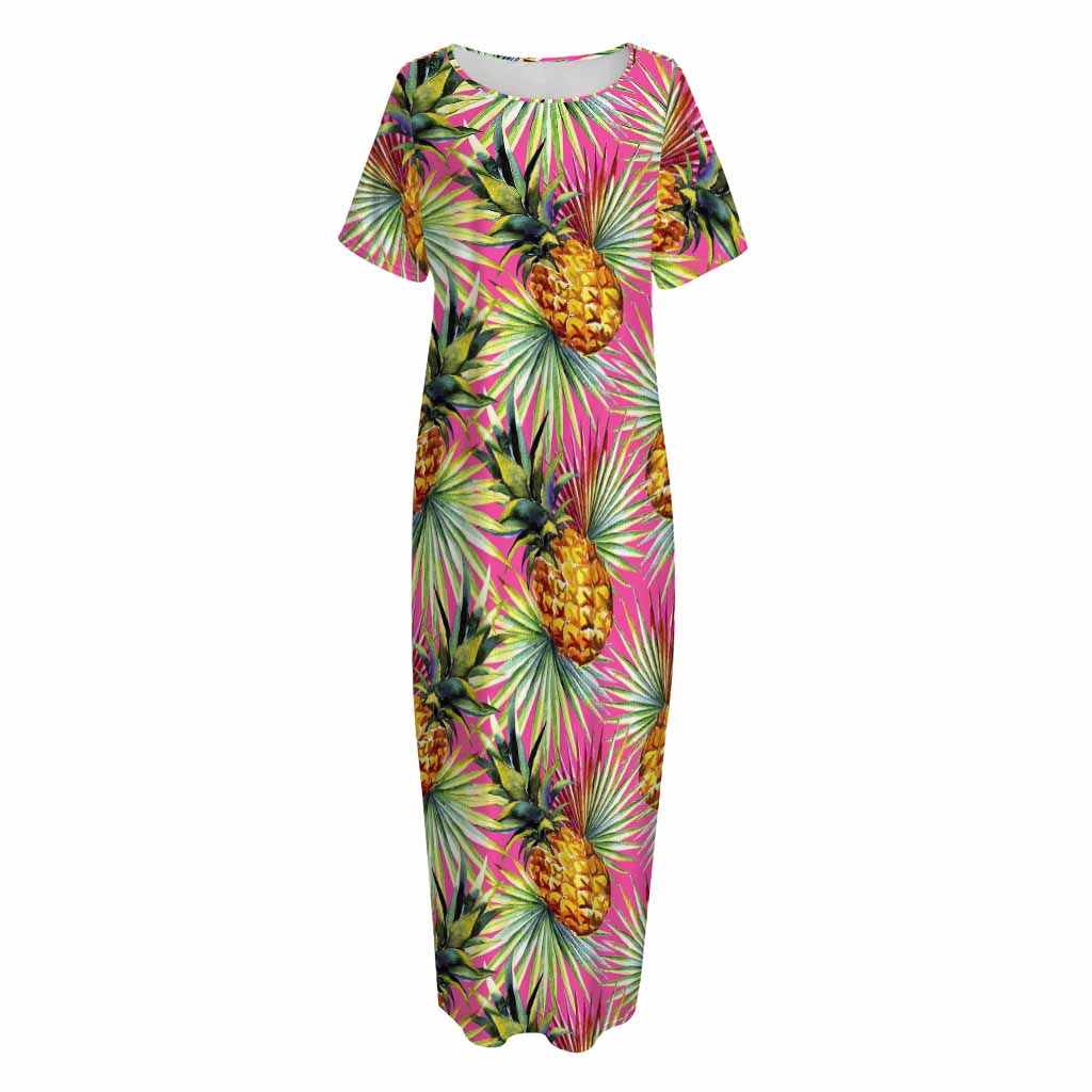 Pink Watercolor Pineapple Pattern Print Short Sleeve Long Nightdress