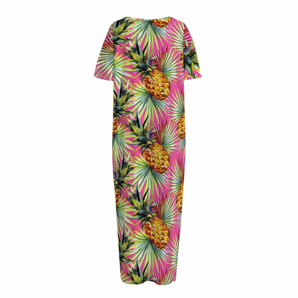 Pink Watercolor Pineapple Pattern Print Short Sleeve Long Nightdress