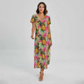 Pink Watercolor Pineapple Pattern Print Short Sleeve Maxi Dress
