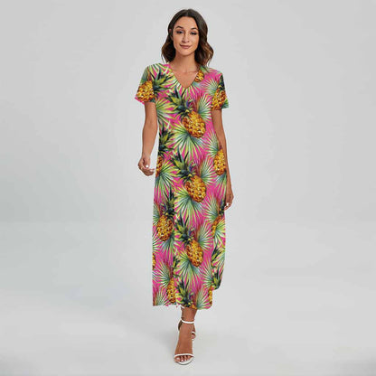 Pink Watercolor Pineapple Pattern Print Short Sleeve Maxi Dress
