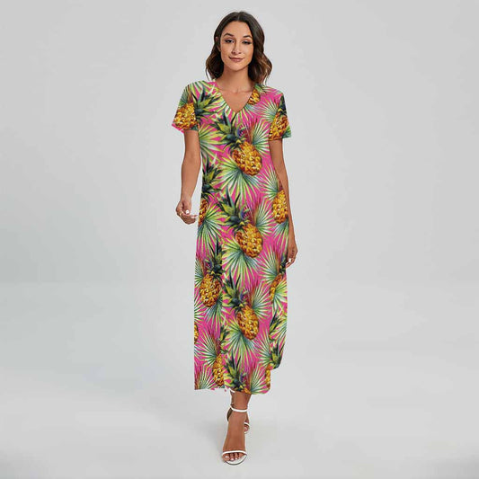 Pink Watercolor Pineapple Pattern Print Short Sleeve Maxi Dress