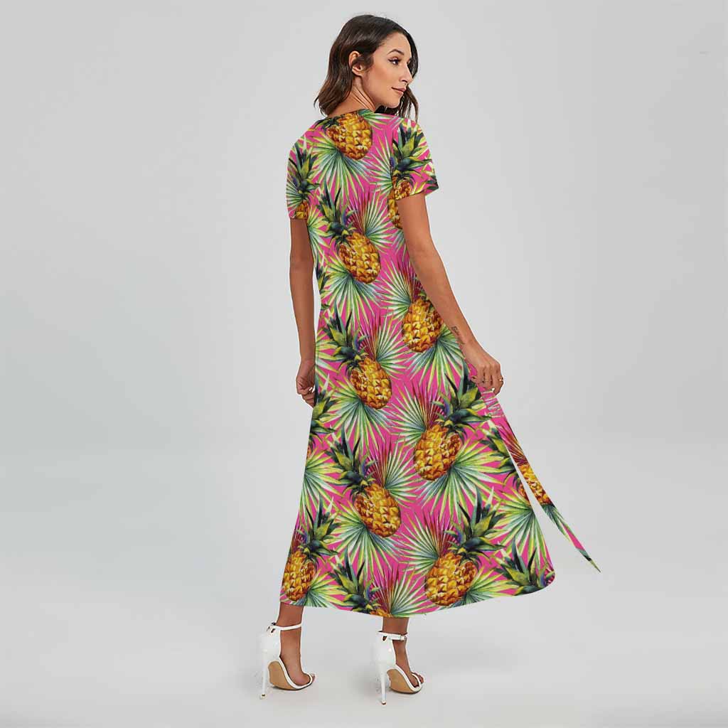Pink Watercolor Pineapple Pattern Print Short Sleeve Maxi Dress