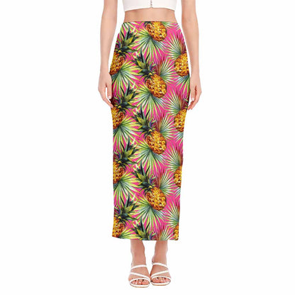 Pink Watercolor Pineapple Pattern Print Side Slit Maxi Skirt