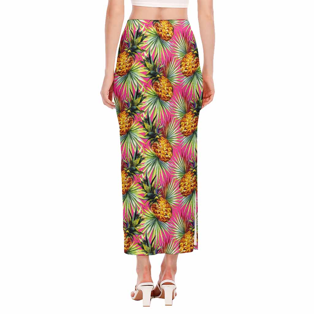 Pink Watercolor Pineapple Pattern Print Side Slit Maxi Skirt