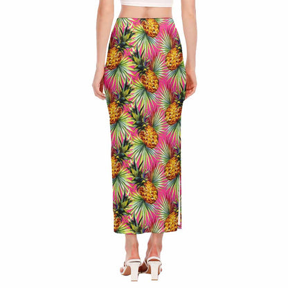 Pink Watercolor Pineapple Pattern Print Side Slit Maxi Skirt