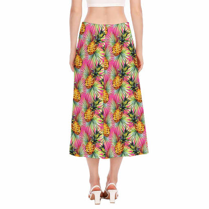 Pink Watercolor Pineapple Pattern Print Side Slit Midi Skirt
