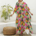 Pink Watercolor Pineapple Pattern Print Silk V-Neck Kaftan Dress