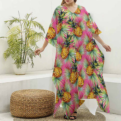 Pink Watercolor Pineapple Pattern Print Silk V-Neck Kaftan Dress