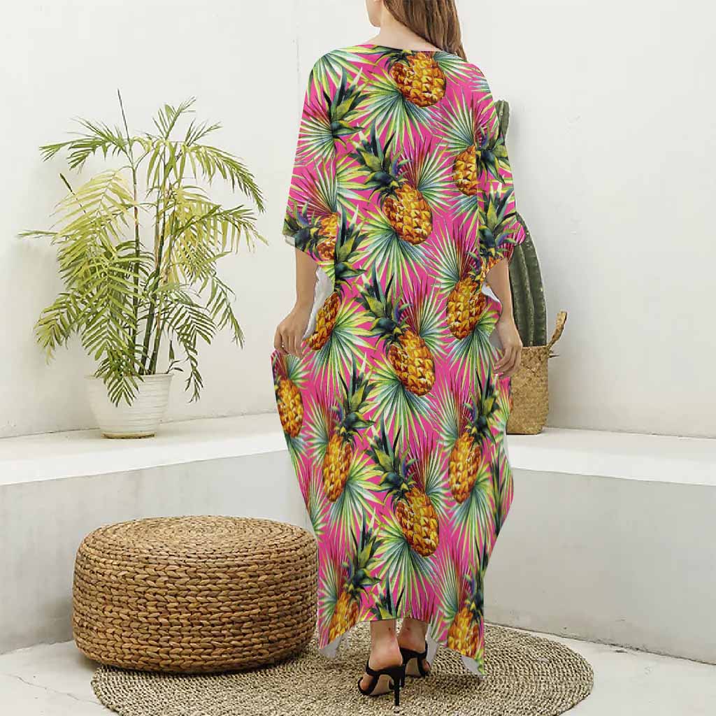 Pink Watercolor Pineapple Pattern Print Silk V-Neck Kaftan Dress