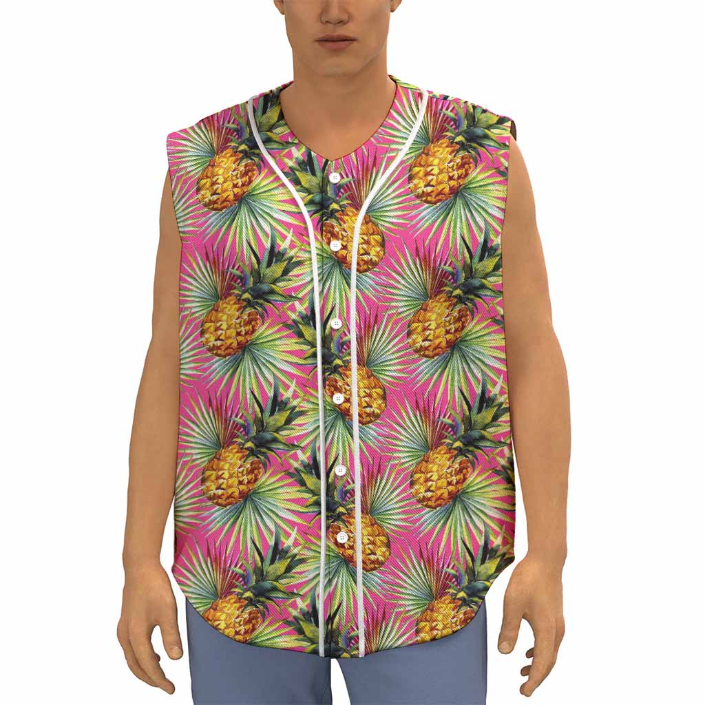 Pink Watercolor Pineapple Pattern Print Sleeveless Baseball Jersey