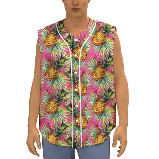Pink Watercolor Pineapple Pattern Print Sleeveless Baseball Jersey