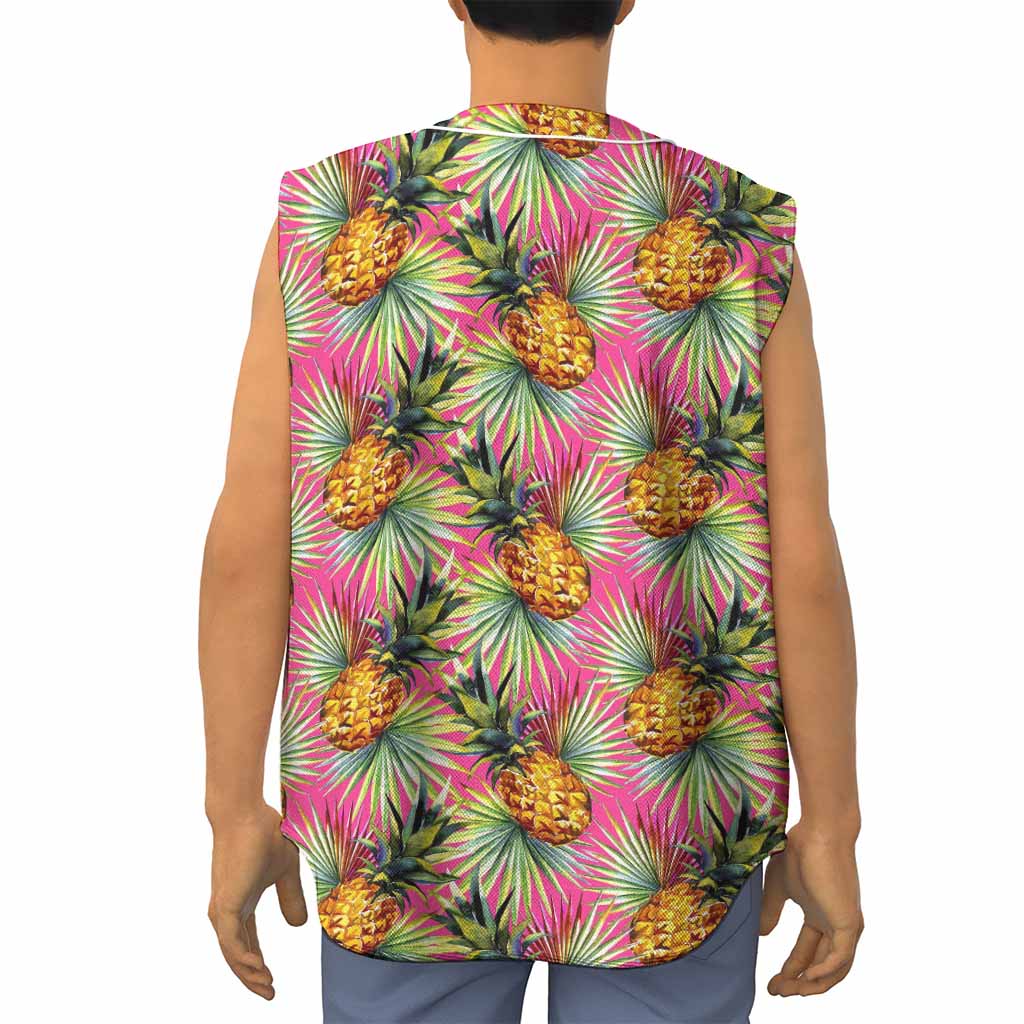 Pink Watercolor Pineapple Pattern Print Sleeveless Baseball Jersey