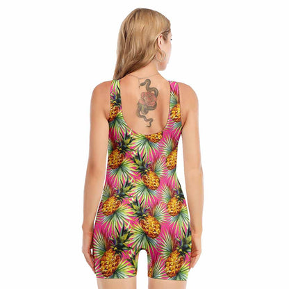 Pink Watercolor Pineapple Pattern Print Sleeveless One Piece Swimsuit