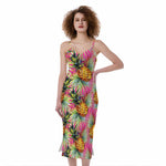 Pink Watercolor Pineapple Pattern Print Slim Fit Midi Cami Dress