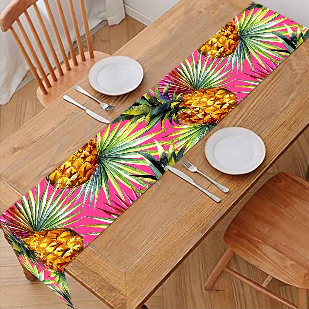 Pink Watercolor Pineapple Pattern Print Table Runner