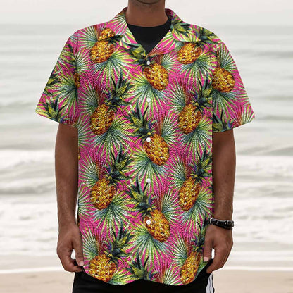 Pink Watercolor Pineapple Pattern Print Textured Short Sleeve Shirt