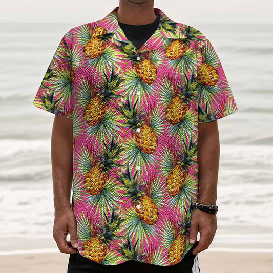 Pink Watercolor Pineapple Pattern Print Textured Short Sleeve Shirt