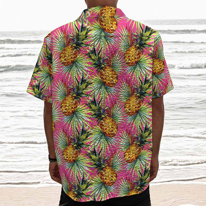 Pink Watercolor Pineapple Pattern Print Textured Short Sleeve Shirt