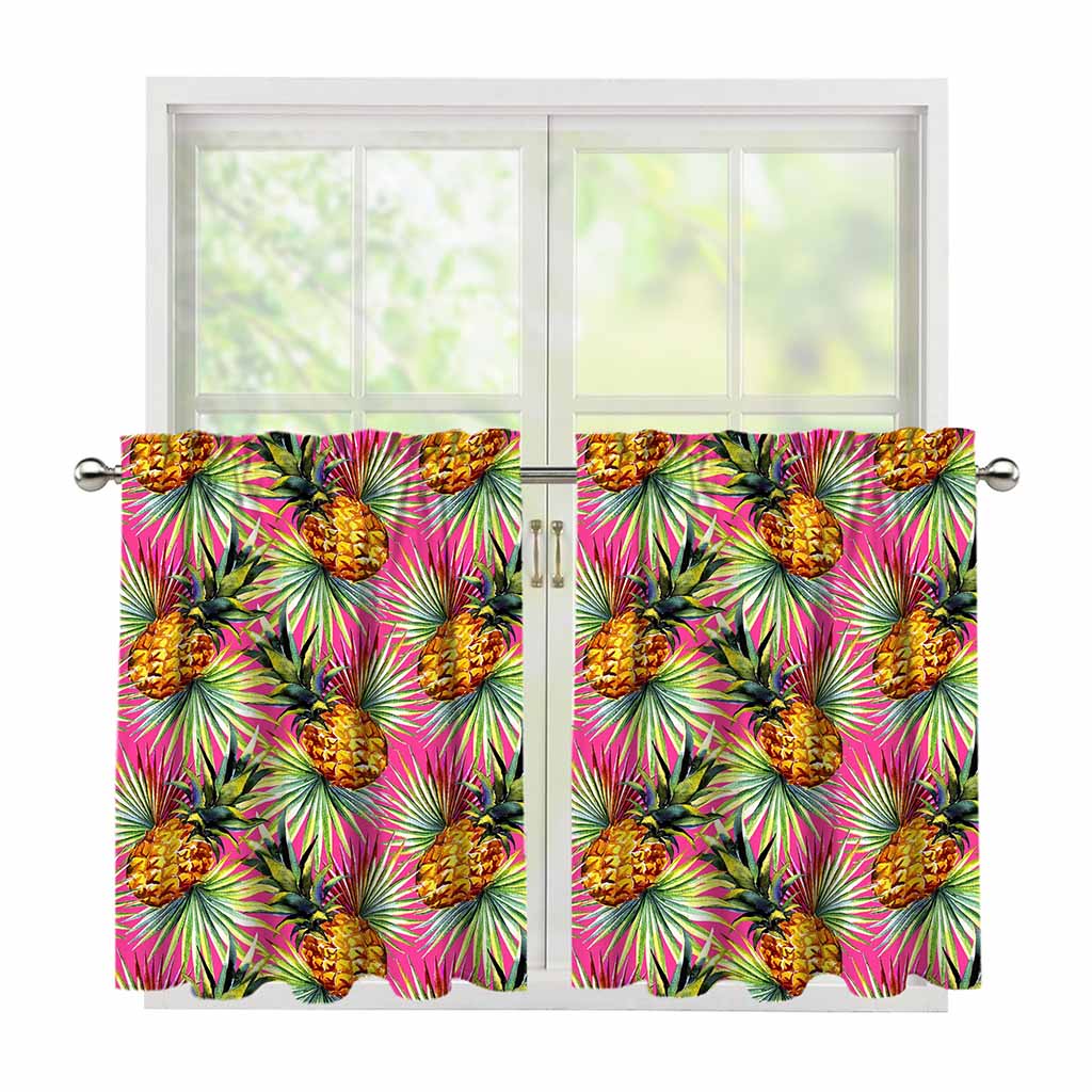 Pink Watercolor Pineapple Pattern Print Tier Curtains